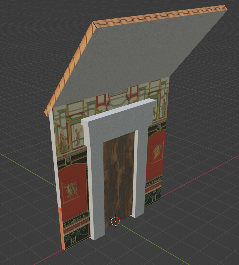 3D model in Blender showing materials applied to different parts (e.g., wood to the door, painted plaster to the wall)
