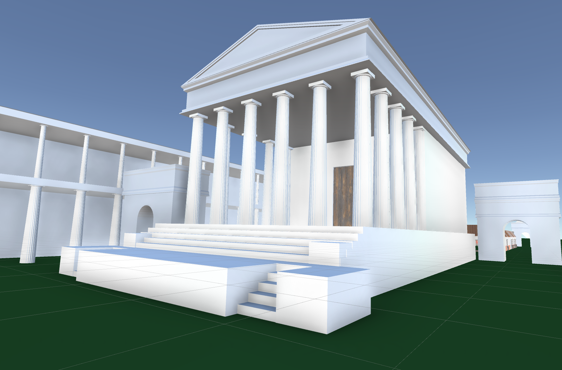 Game view screenshot showing the Temple of Jupiter and two nearby triumphal arches