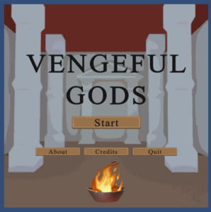 Title Screen of Vengeful Gods, depicting a stylized temple with a sacred flame in the foreground